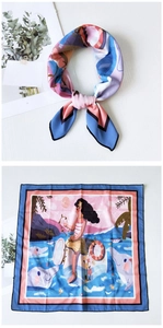 Detail of square silk scarf showing surfing girl illustration and fine hemmed edges