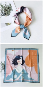 Artistic square silk scarf detail showing girl portrait print and delicate stitched edges