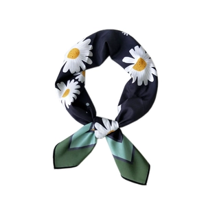 Navy silk square scarf with white daisy print and green geometric border details