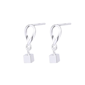 Minimalist silver wave earrings with a polished cube pendant in modern style