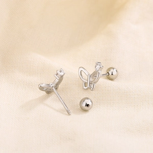 Elegant S925 silver butterfly screw-back stud earrings with delicate hollow zircon wings