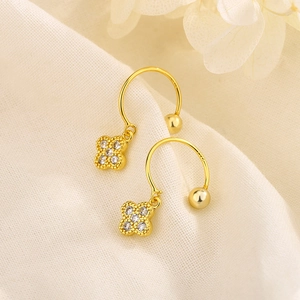 Elegant gold U-shaped S925 silver clover drop earrings with sparkling zircon stones