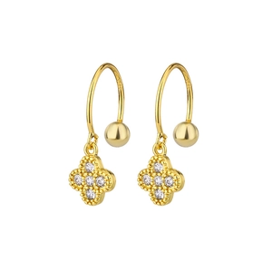 Elegant gold clover earrings with white zircon stones and S925 engraved hooks