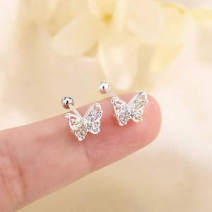 Butterfly Stud Earrings Copper Colorful Zircon Inlay Sweet Cute Screw Back Ball Jewelry For Women Girls