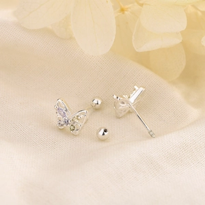 S925 silver butterfly stud earrings with colorful zirconia and screw back closure