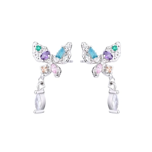 Colorful butterfly stud earrings with sparkling gemstones and dangling marquise zirconia