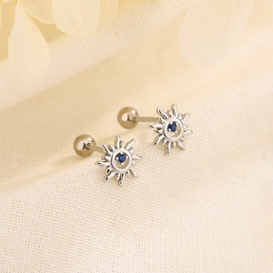 Sun Stud Earrings Copper Blue Zircon With 925 Sterling Silver Earring Post Screw Ball Back Cartilage Jewelry Women