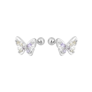 Macro view of butterfly earrings with purple and yellow crystals and screw back