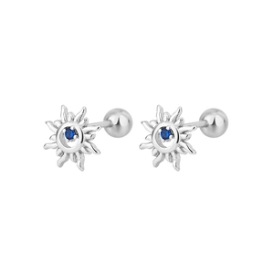 Silver sunburst stud earrings with blue gemstone centers and secure screw ball backs