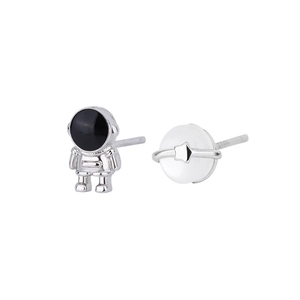 Asymmetric astronaut and planet stud earrings with silver finish and celestial star charms