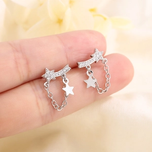 Elegant Star Stud Earrings With Zircon Inlaid Copper Meteor Dangle Chain Design For Women Trendy Jewelry