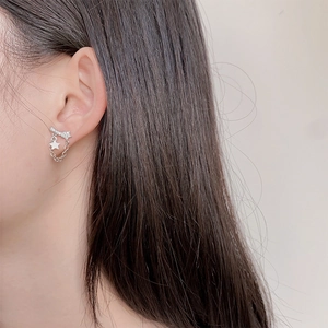 Elegant 925 sterling silver star drop earrings with sparkling crystals worn by a model