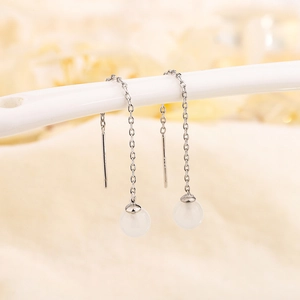 Elegant silver long chain earrings with imitation jade beads for a minimalist women look