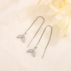 Elegant silver mermaid tail threader earrings with sparkling white zircons and box chains