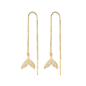 Close-up of golden fishtail drop earrings featuring white zircon pavé and box chain