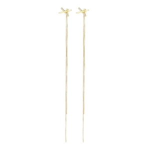 Long gold tassel earrings with X-shape cross design and sparkling cubic zirconia stones