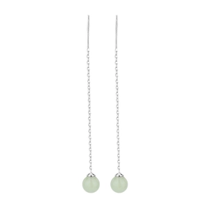 Elegant threader earrings with silver long chains and light green faux jade bead pendants