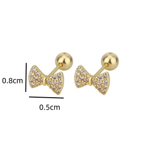 Detailed view of gold bow stud earrings with clear zircon pavé and screw back closure