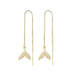 Elegant fishtail drop earrings with zircon crystals and long gold tassels for women