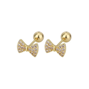 Elegant gold bow stud earrings with pink cubic zirconia and secure ball back screw closure