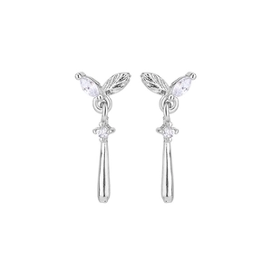 Detailed view of silver teardrop earrings with leaf motifs and marquise-cut zircons