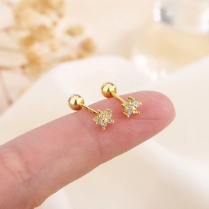 Minimalist gold flower stud earrings with zircon petals and secure screw back ball closure