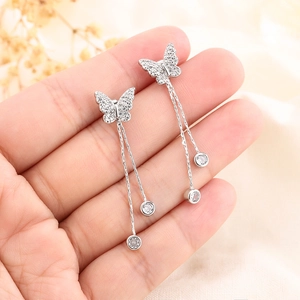 Elegant butterfly tassel earrings with sparkling zircon crystals and silver-tone finish