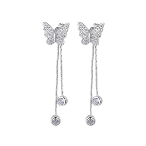 Sparkling butterfly tassel earrings with S925 silver finish and clear zircon stones