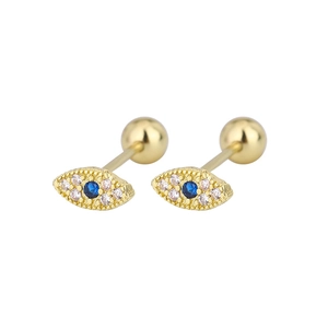 Macro shot of evil eye studs with blue zircon and secure screw ball back closure