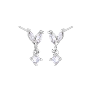 Exquisite silver leaf stud earrings with marquise-cut marquise stones and round zircons
