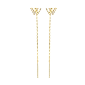 Detailed view of gold 'W' letter drop earrings with cubic zirconia studs and thin chains