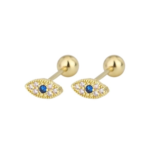 Golden evil eye stud earrings with blue center stone and sparkling pavé crystals