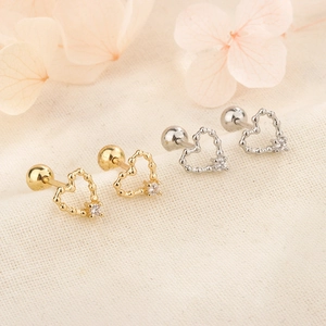 Heart Hollow Stud Earrings Zircon Copper With 925 Sterling Silver Earring Post Screw Back Cute French Style Mini