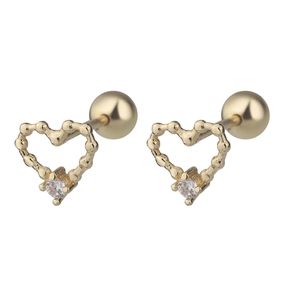 Golden S925 heart stud earrings with beaded texture and sparkling zircon center stones