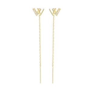 Elegant gold threader earrings with zircon encrusted W initial and long chain tassels