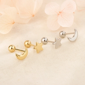 Asymmetric Star Moon Stud Earrings Plated Copper With Silver Earring Post Ball Screw Back Minimalist Jewelry Women