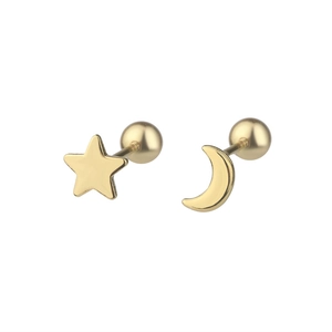 Gold asymmetrical star and moon stud earrings with secure screw ball back closure
