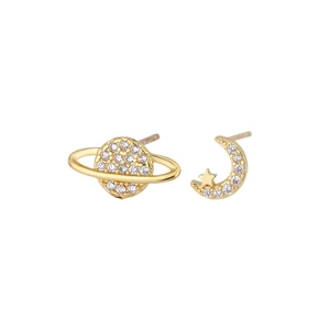 Asymmetric gold moon and planet stud earrings with white cubic zirconia accents