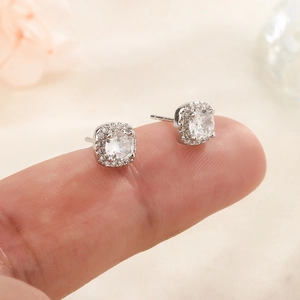 Elegant halo square zircon stud earrings in silver with brilliant round cut main stone