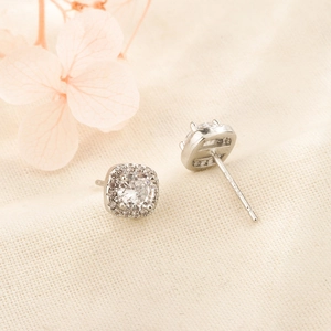 Elegant square halo stud earrings with silver zirconia and pink flower accents
