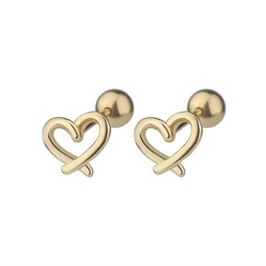 Close-up of gold s925 hollow heart stud earrings with secure screw-back ball closures