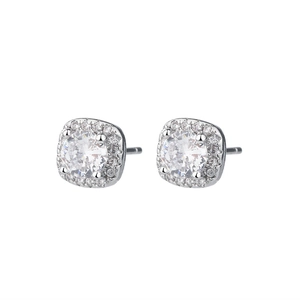 Detailed view of silver halo stud earrings with square cubic zirconia and center stone