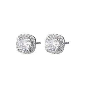 Classic square cushion cut zircon stud earrings in silver plated settings on white background