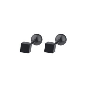 Detail of minimalist black cube stud earrings with secure screw ball back closure