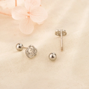 Silver rose screw back earrings for women made of polished stainless steel and metal