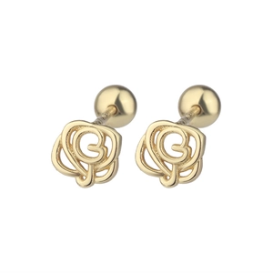 Close-up of golden rose hollow stud earrings with secure screw back ball closure