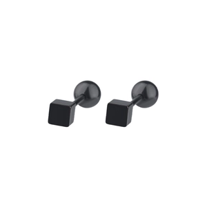 Minimalist black square geometric stud earrings with screw back balls for women