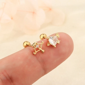 Gold Cupid's arrow and heart screw back earrings with sparkling cubic zirconia