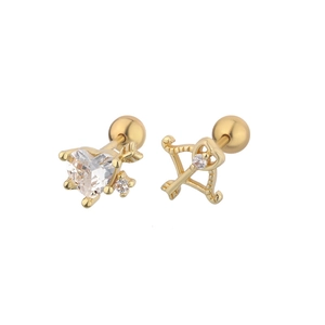 Cupid's arrow earrings with heart zircon and golden screw back in stainless steel