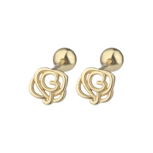 Golden hollow rose flower stud earrings with central letter G and secure screw-back closure